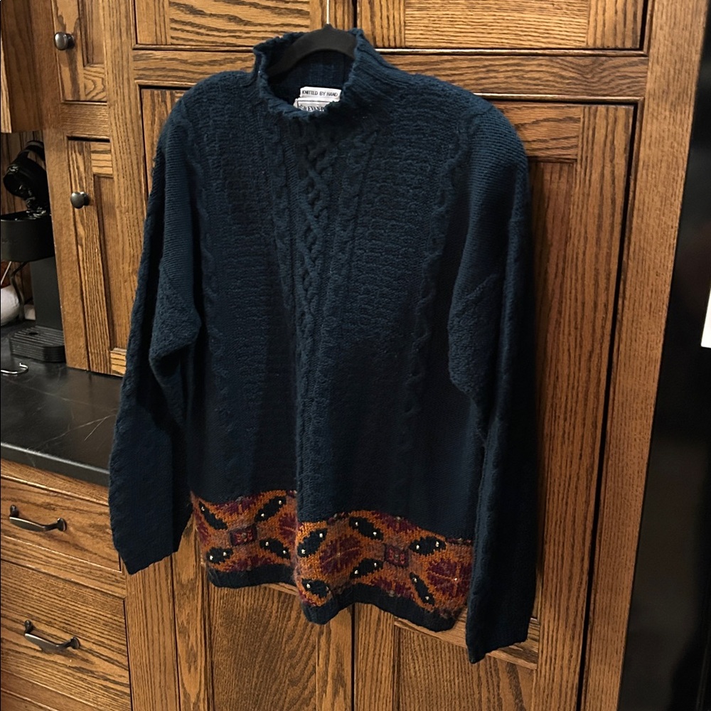 Vintage Evan Picone Hand Knit Wool Mohair Cable Sweater Teal Aztec Women's Large - Picture 2 of 8